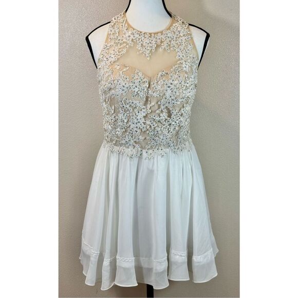 Vintage Dancing Queen USA Applique Lace Nude Bodice Formal Mini Dress Medium - Picture 1 of 11